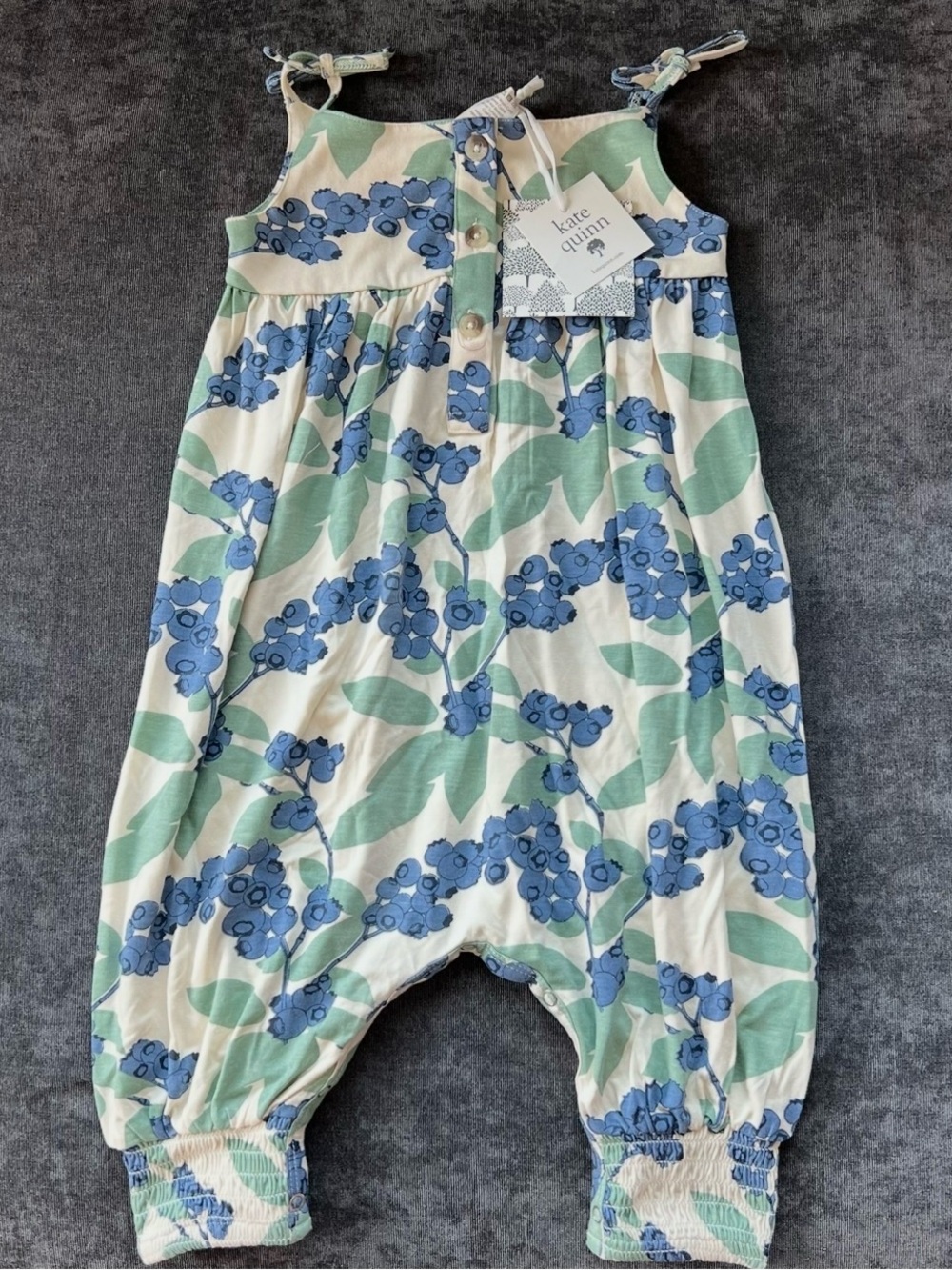 NWT Kate Quinn Bamboo Smock Tie Jumpsuit in Blueberry Orchard Size 12-18 Months